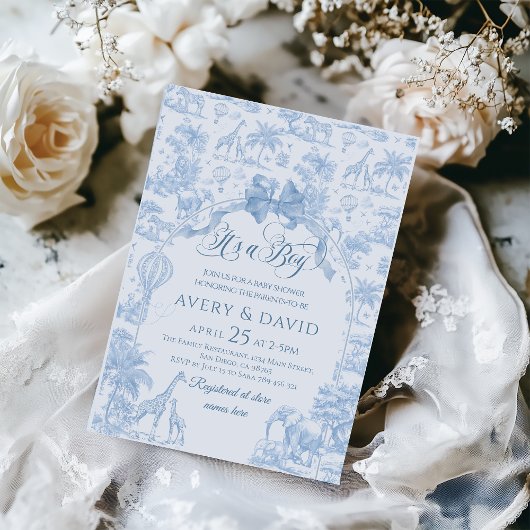 その男の子ブルートイレサファリ動物の赤ちゃんシャワー 招待状