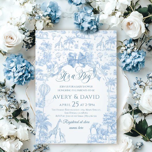 その男の子ブルートイレサファリ動物の赤ちゃんシャワー 招待状