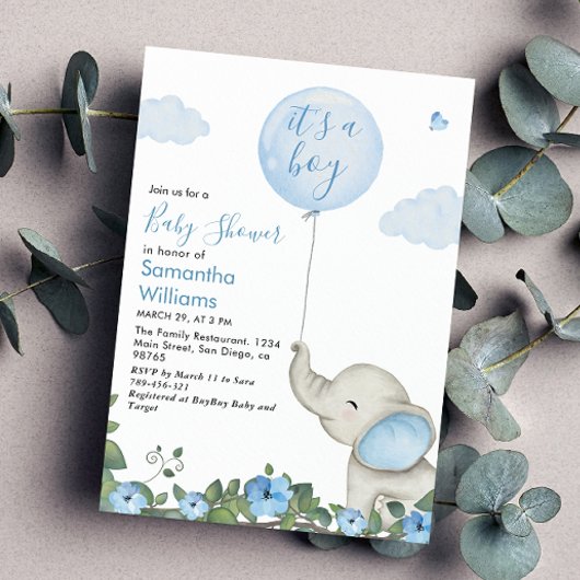その男の子ブルーバルーンゾウの赤ちゃんシャワー 招待状