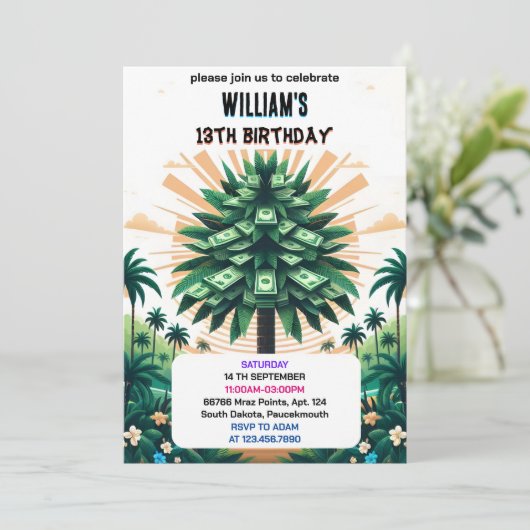 その自然クールキャッシュのみマネーツリー13誕生日 招待状 (スタンド正面)