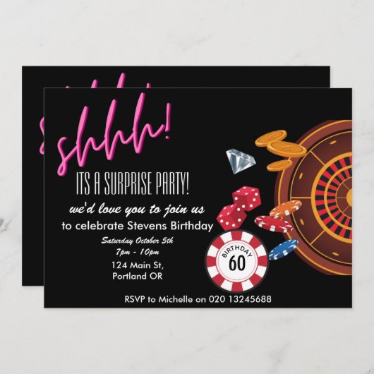 その驚きのカジノベガステーマの誕生日  招待状 (正面/裏面)