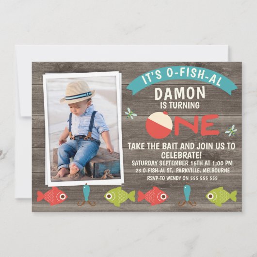 そのO-フィッシュ-アル又は魚釣り第一誕生日招待状 招待状 (正面)