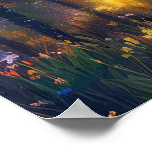 そびえ立つ木々の日に照らされたタペストリー ポスター (角)