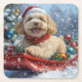 そりでコカプー犬 雪を降らせて クリスマス スクエアペーパーコースター (正面)