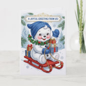 そりで楽しむ可愛い雪だるまのクリスマス カード (正面)