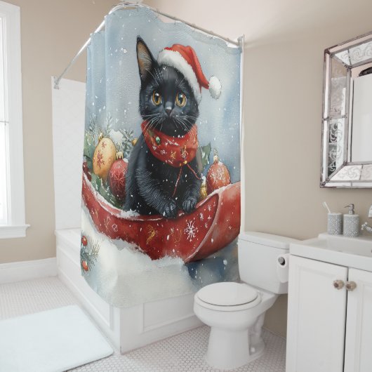 そりで雪の中の黒猫 雪を降らせて クリスマス シャワーカーテン (インサイチュ)
