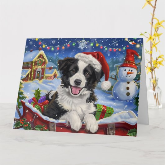 そりで雪の中を走るボーダーコリー、クリスマス カード (黄色い花)