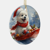 そりで雪を楽しむアメリカン・エスキモー犬 クリスマス セラミックオーナメント (右)