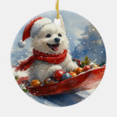 そりで雪を楽しむアメリカン・エスキモー犬 クリスマス セラミックオーナメント (裏面)