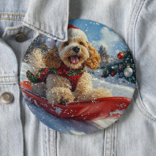 そりで雪遊びするコッカー・スパニエル クリスマスの雪だよ 缶バッジ