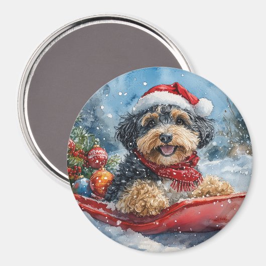 そりで雪遊びするバーナドゥードル犬 クリスマス マグネット (正面/裏面)