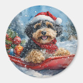 そりで雪遊びするバーナドゥードル犬 クリスマス マグネット (正面)