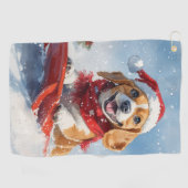 そりで雪遊びするビーグル犬 クリスマスデザイン ゴルフタオル (横)