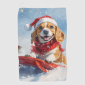 そりで雪遊びするビーグル犬 クリスマスデザイン ゴルフタオル (正面)