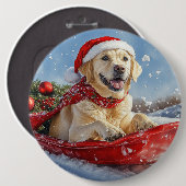 そりで雪遊びするラブラドール犬 雪を降らせて クリスマス 缶バッジ (正面&裏面)