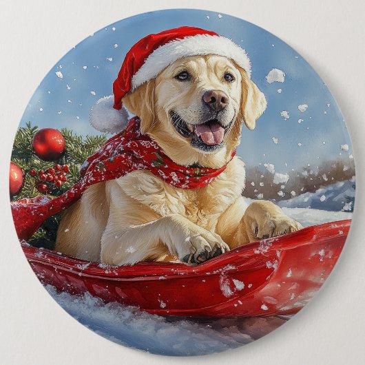 そりで雪遊びするラブラドール犬 雪を降らせて クリスマス 缶バッジ (正面)