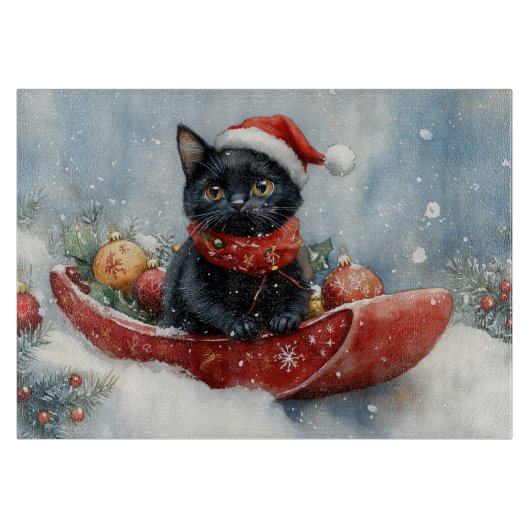 そりで雪遊びする黒猫 クリスマスデザイン カッティングボード (正面)