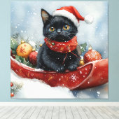 そりで雪遊びする黒猫 クリスマスデザイン キャンバスプリント (インサイチュ (ウッドフロア))