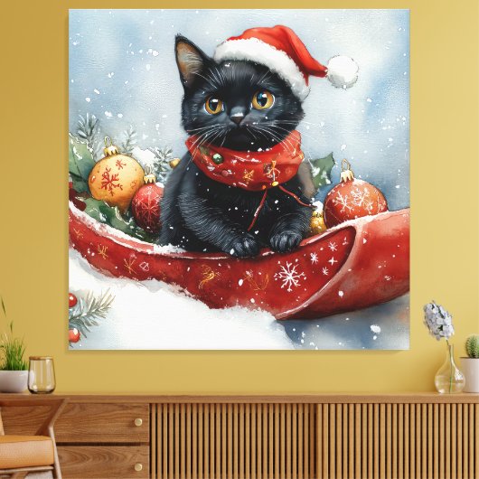 そりで雪遊びする黒猫 クリスマスデザイン キャンバスプリント (インサイチュ (リビング))