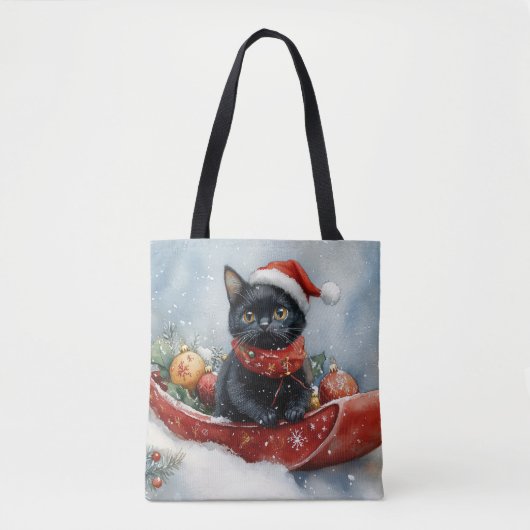 そりで雪遊びする黒猫 クリスマスデザイン トートバッグ (正面)
