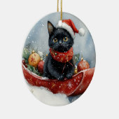 そりで雪遊びする黒猫 クリスマス セラミックオーナメント (右)