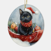 そりで雪遊びする黒猫 クリスマス セラミックオーナメント (左)