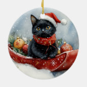 そりで雪遊びする黒猫 クリスマス セラミックオーナメント (裏面)