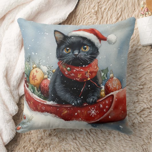 そりで雪遊びする黒猫 雪降らせて クリスマス クッション (ブランケット)