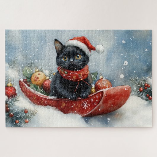 そりで雪遊びする黒猫 雪降るクリスマス ジグソーパズル (横)