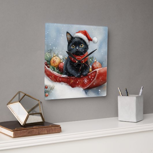 そりで雪遊びする黒猫 雪降るクリスマス スクエア壁時計 (オフィス)