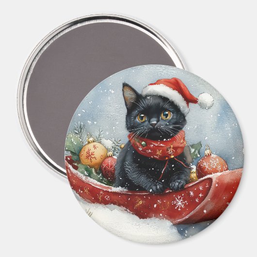 そりで雪遊びする黒猫 雪降るクリスマス マグネット (正面/裏面)