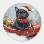 そりで雪遊びする黒猫 雪降るクリスマス マグネット (正面)