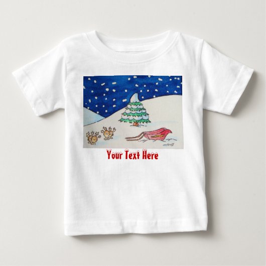 そりと木の可愛いトナカイ雪のシーン ベビーTシャツ (正面)