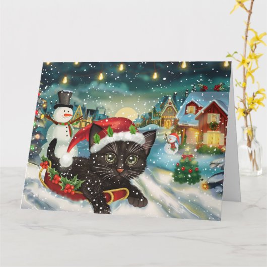 そりと雪とクリスマスの黒猫 カード (黄色い花)