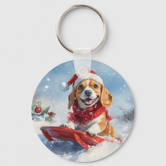 そりに乗ったビーグル犬 雪を降らせて クリスマス キーホルダー (正面)