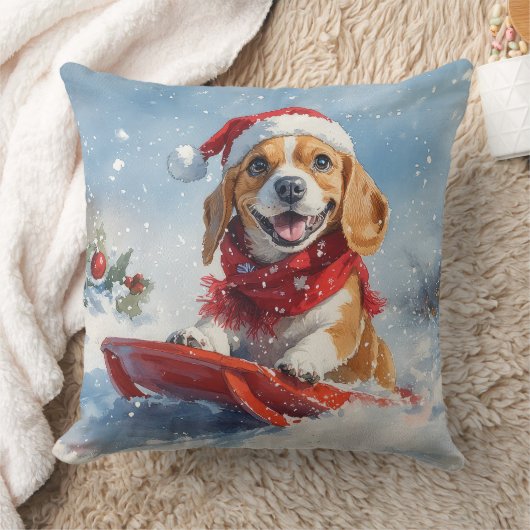 そりに乗ったビーグル犬 雪を降らせて クリスマス クッション (ブランケット)