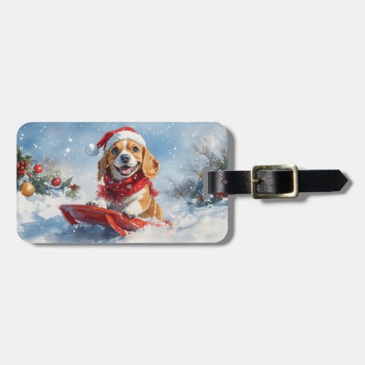 そりに乗ったビーグル犬 雪を降らせて クリスマス ラゲッジタグ (正面横)