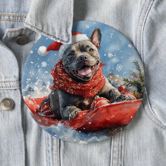 そりに入ったカネコルソ犬 雪を降らせて クリスマス 缶バッジ (インサイチュ)