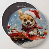 そりに入ったチワワ犬 雪を降らせて クリスマス 缶バッジ (正面&裏面)