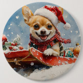 そりに入ったチワワ犬 雪を降らせて クリスマス 缶バッジ (正面)