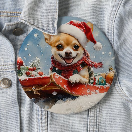 そりに入ったチワワ犬 雪を降らせて クリスマス 缶バッジ (インサイチュ)
