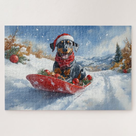 そりに入ったドーベルマン犬 雪を降らせて クリスマス ジグソーパズル (横)