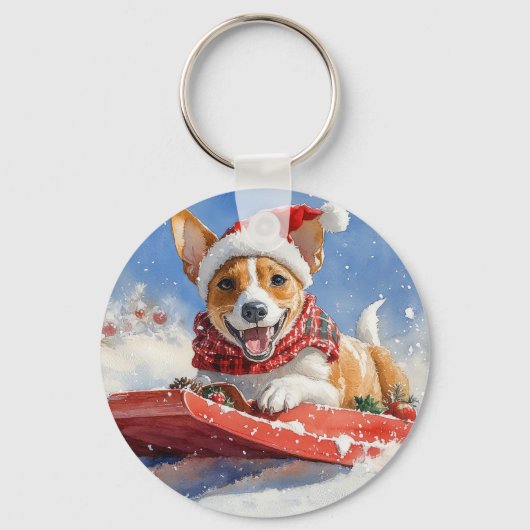 そりに入ったバセンジー犬 雪を降らせて クリスマス キーホルダー (正面)