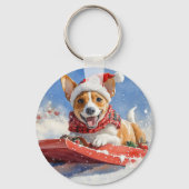 そりに入ったバセンジー犬 雪を降らせて クリスマス キーホルダー (裏面)