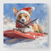 そりに入ったバセンジー犬 Let it Snow クリスマス スクエア壁時計 (正面)