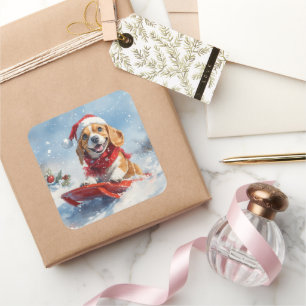 そりに入ったビーグル犬 雪を降らせて クリスマス スクエアシール