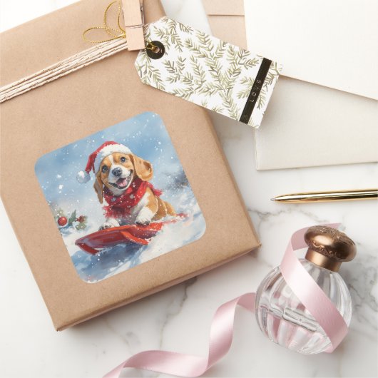 そりに入ったビーグル犬 雪を降らせて クリスマス スクエアシール (ギフト)