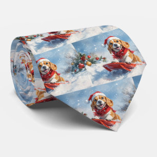 そりに入ったビーグル犬 雪を降らせて クリスマス ネクタイ