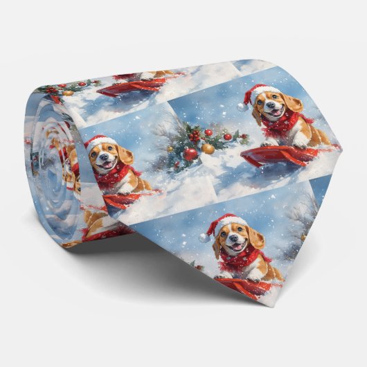 そりに入ったビーグル犬 雪を降らせて クリスマス ネクタイ (ロール)