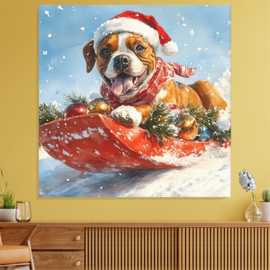 そりに入ったボクサー犬 雪を降らせて クリスマス キャンバスプリント (インサイチュ (リビング))